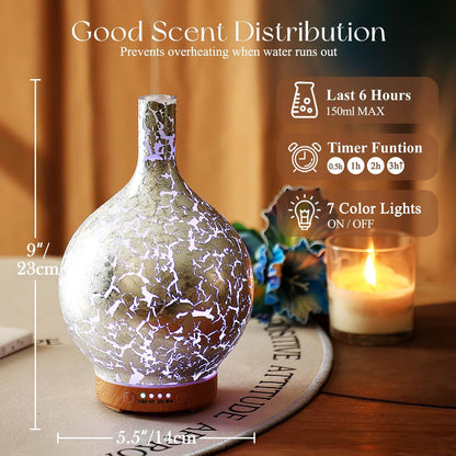 Porseme 150ml Essential Oil Diffuser Glass Color Changing Aroma Air Diffusers Aromatherapy Ultrasonic Cool Mist Humidifier 6 Running Hours Waterless Auto-Off for Sleeping, Yoga, Office, Spa (Ink)