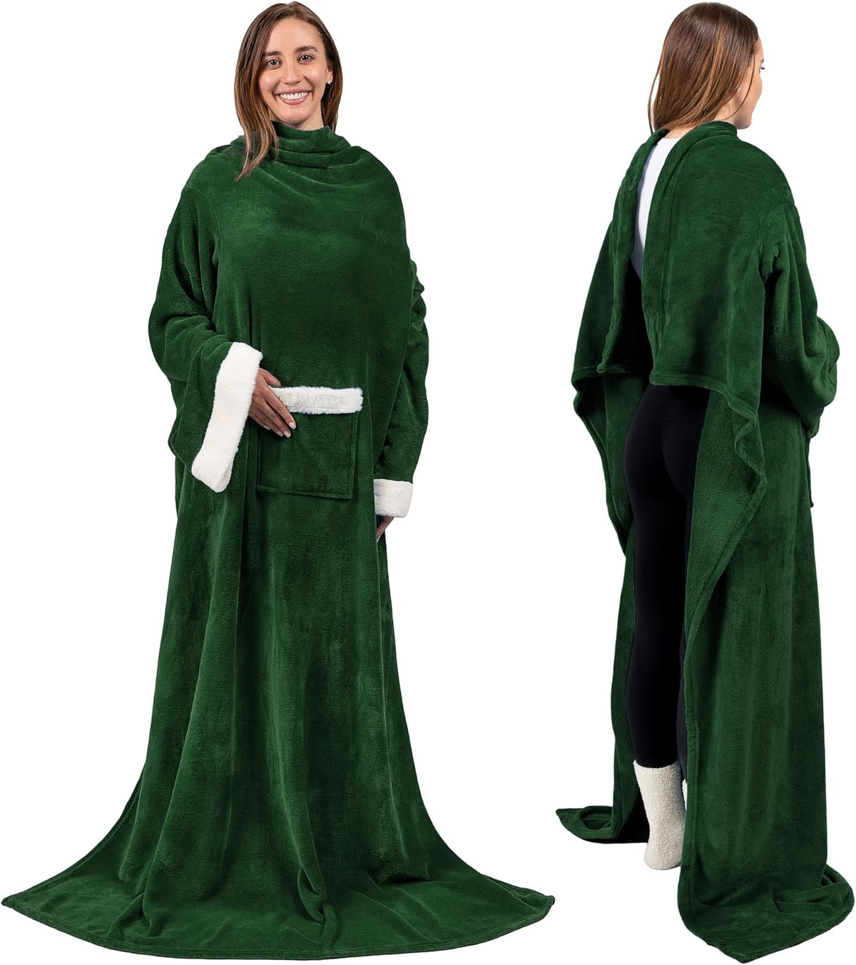PAVILIA Wearable Blanket with Sleeves and Pocket for Women Men, Sherpa Trim