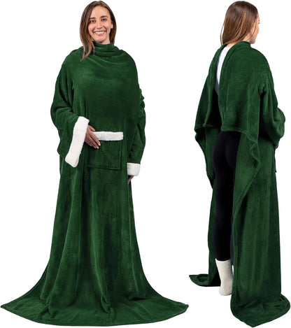 PAVILIA Wearable Blanket with Sleeves and Pocket for Women Men, Sherpa Trim