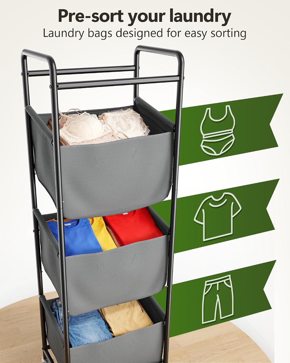 3 Section Laundry Sorter with Removable Bags, 120L Rolling Vertical Laundry Hamper, Stackable Laundry Baskets organizer for Bathroom, Apartment, Dorm (Beige, With Wheel)