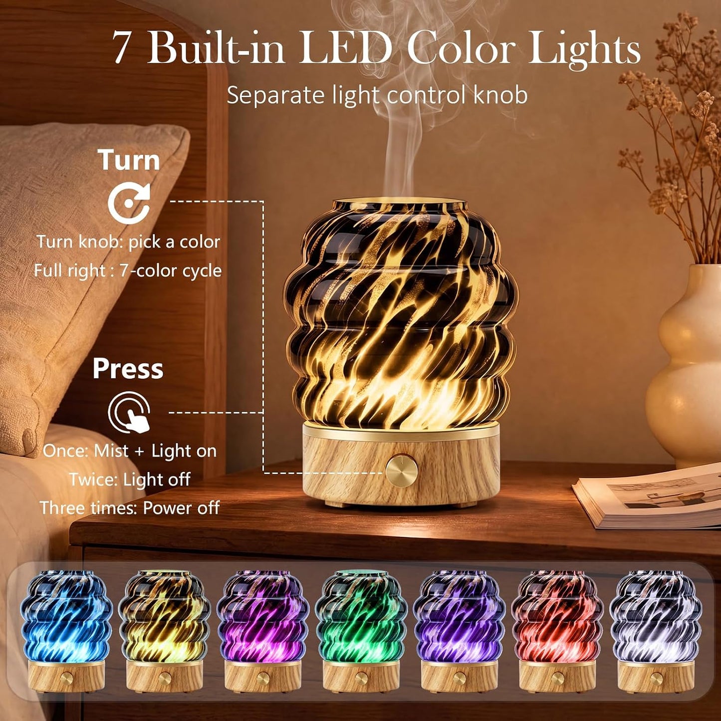Glass Essential Oil Diffuser for Home - 180ml Ultrasonic Cool Mist Aromatherapy Diffuser for Essential Oils with 7 Led Night Light & Auto Shut-Off Protection for Home Office Bedroom Gifts for Women