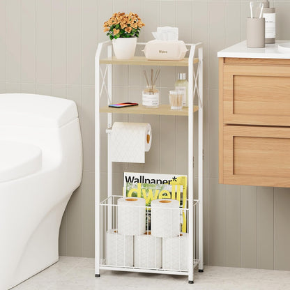 HapiRm Freestanding Toilet Paper Holder - 4-Tier Bathroom Tissue Organizer with Wood Shelves and Large Basket, Toilet Paper Holder Stand for Bathroom, Laundry Room, Apartment - Black（Large）