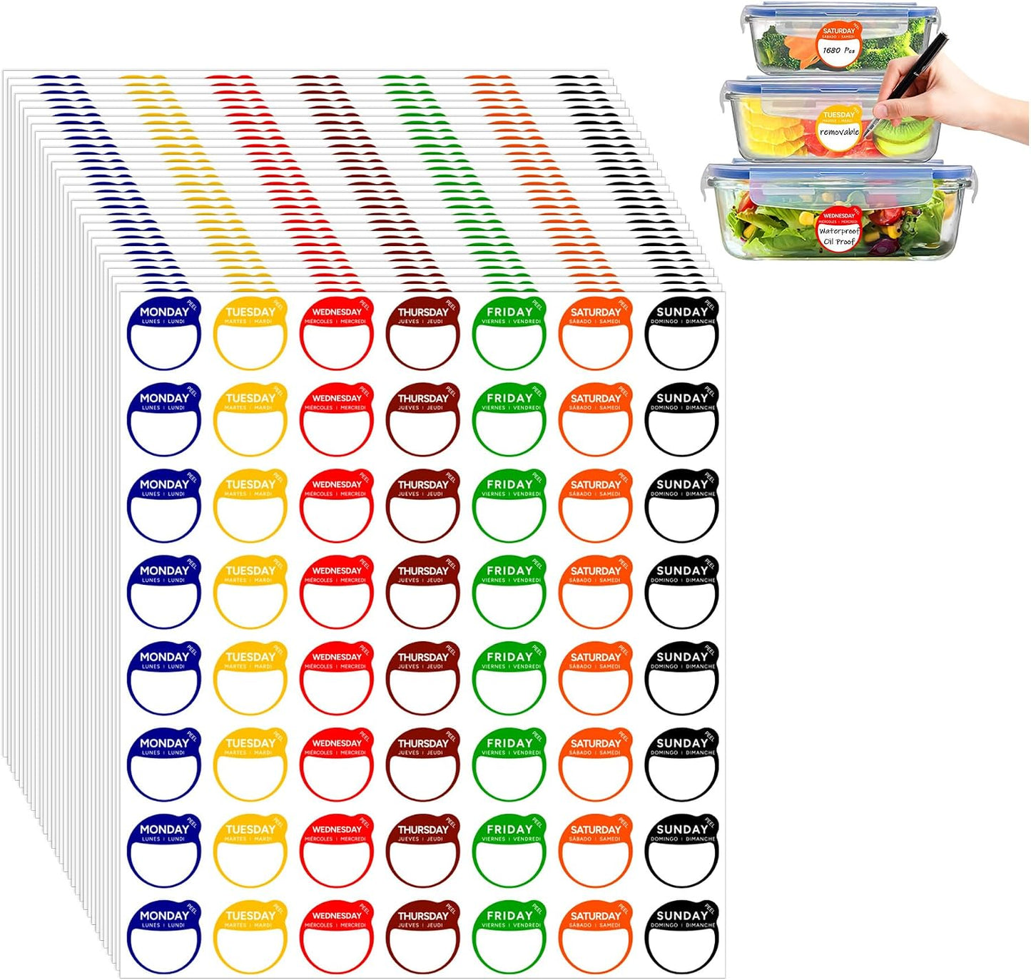 1680 Pcs 1" Square Day of The Week Labels, Removable & Writable Food Stickers in English/Español/Français for Restaurant Kitchen Containers and Inventory Management (Inches, 1 x 1)