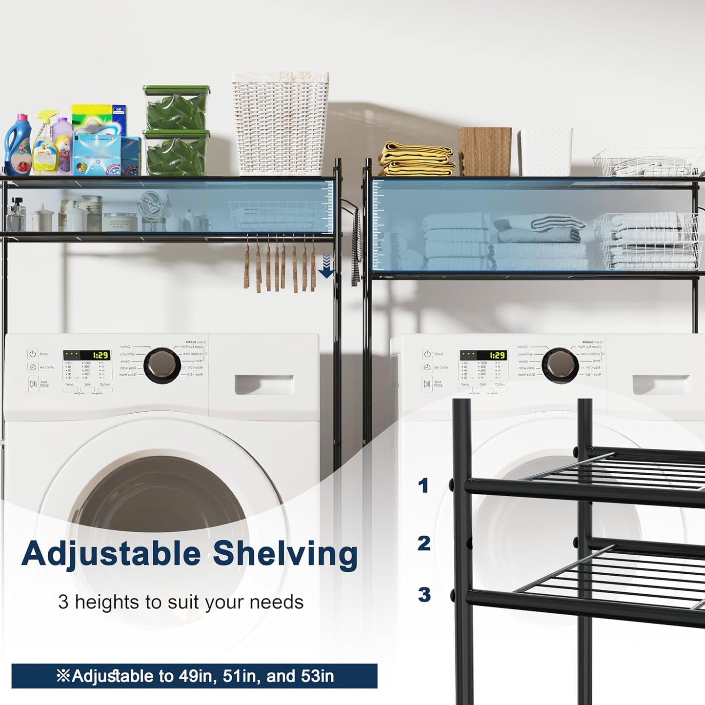 Laundry Room Storage Shelf & Organizer, 2 Tier Metal Over Washer and Dryer Shelves, Washing Machine Shelf with Hanger Rod, Expandable Bathroom Space Saver Shelf, 26–37" L x 15.8" W x 59.5" H, Black