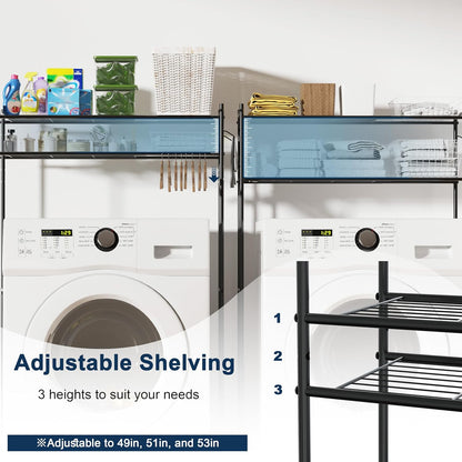 Laundry Room Storage Shelf & Organizer, 2 Tier Metal Over Washer and Dryer Shelves, Washing Machine Shelf with Hanger Rod, Expandable Bathroom Space Saver Shelf, 26–37" L x 15.8" W x 59.5" H, Black