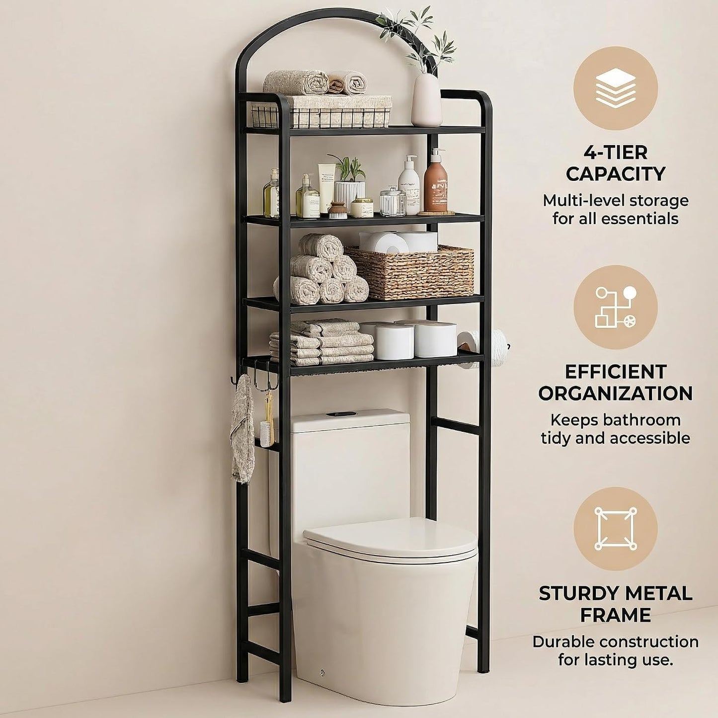 3 Tier Over The Toilet Storage Rack, Bathroom Organizer | Toilet Storage with 4 Hooks & Paper Holder, Space-Saving, Freestanding Bathroom Shelf, Metal, White
