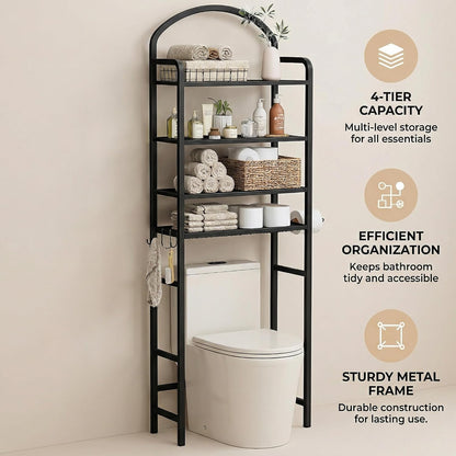 3 Tier Over The Toilet Storage Rack, Bathroom Organizer | Toilet Storage with 4 Hooks & Paper Holder, Space-Saving, Freestanding Bathroom Shelf, Metal, White