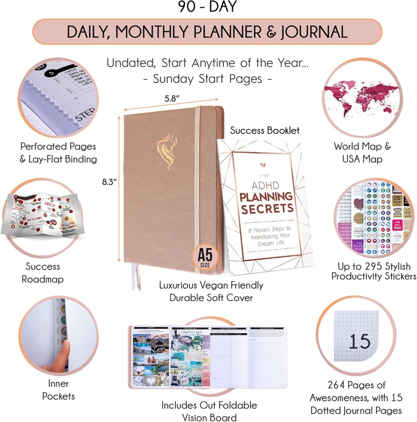 Freedom Mastery Daily Journal of Gratitude, Productivity & Habit Tracker | Undated 90-Day Planner with Daily Reflection, Mindfulness, Positivity, Vision Board & Stickers, Gratitude Journal for Women