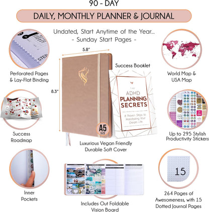 Freedom Mastery Daily Journal of Gratitude, Productivity & Habit Tracker | Undated 90-Day Planner with Daily Reflection, Mindfulness, Positivity, Vision Board & Stickers, Gratitude Journal for Women