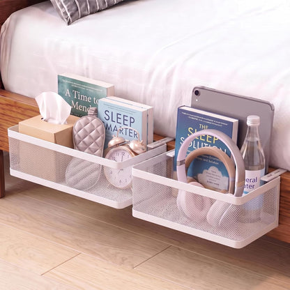2 Pcs 2 Size Metal Mesh Bedside Storage Caddy Shelf for Bunk Bed Hanging Storage Basket with Adjustable Hook Bedside Organizer Holder for College Dorm Essentials, Bedroom, Loft Bed(White)