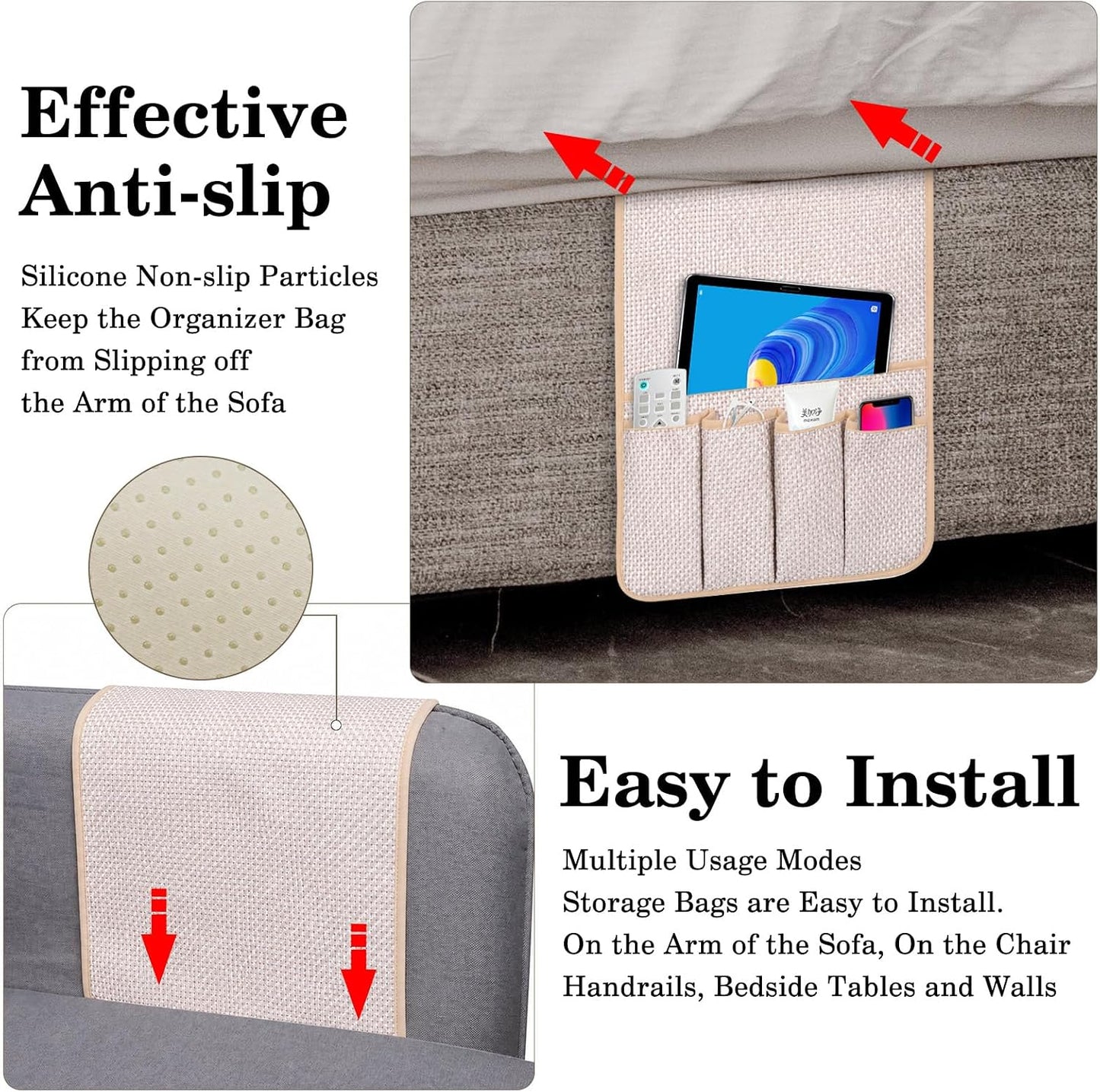 Remote Control Holder Couch Caddy, Armchair Caddy for Recliner 5 Pockets | TV Remote Holder Couch Armrest for Bed Storage with 5 Pockets, Remote Caddy Bedside Table Organizer (Light Gray,35''x13'')