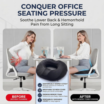 Circular Memory Foam Seat Cushion, Tailbone Pressure Relief Pillow for Office Chair Car Wheelchair, Breathable Mesh Comfort Pad for Daily Sitting Support (Black)