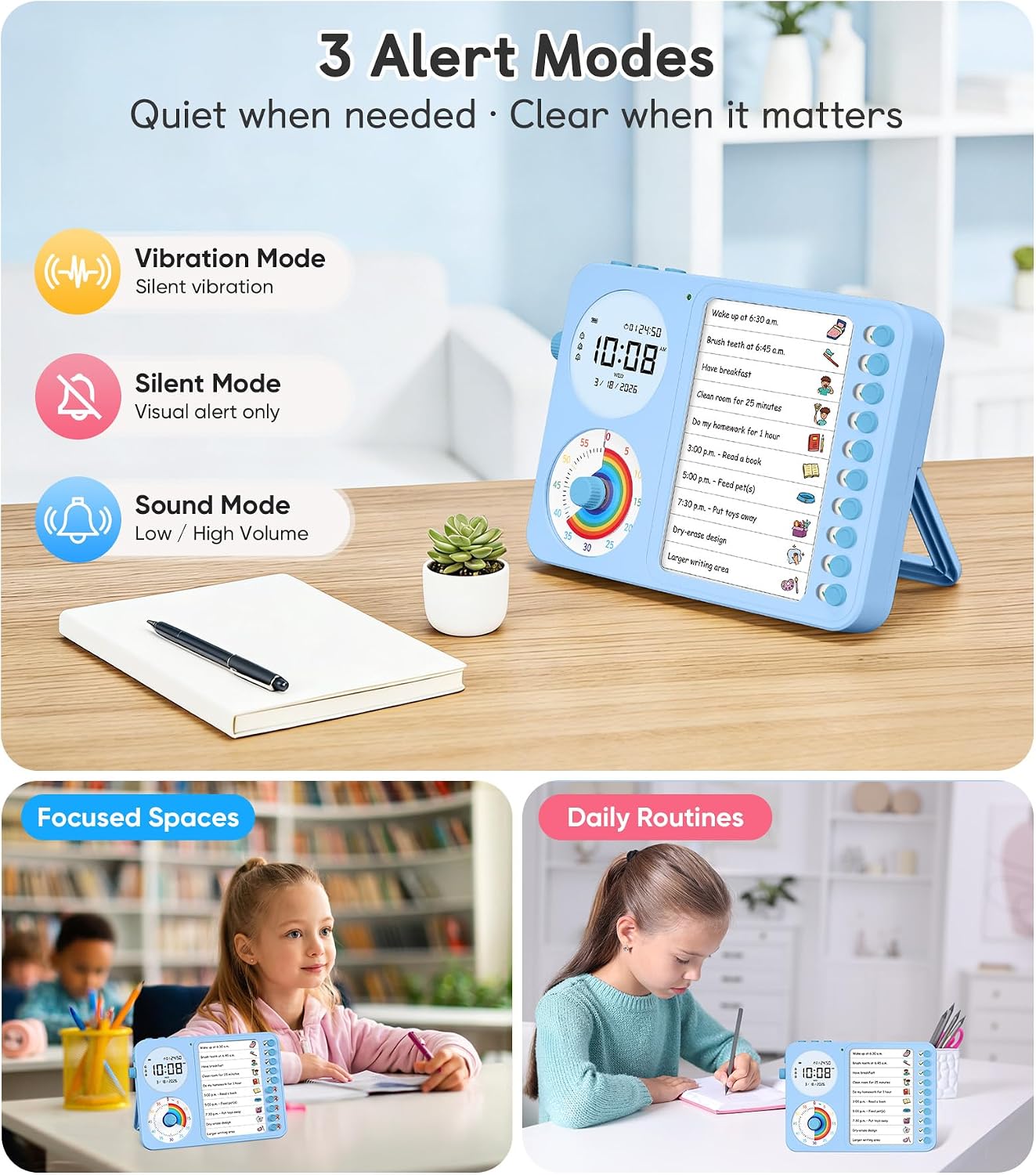 3-in-1 Visual Timer & ADHD Tool for Kids with Chore Chart & Planning Board | ADHD Timer with Digital Clock, Silent Task Timer for Adults with Visual Schedule for Home, School, Classroom, Work (Pink)