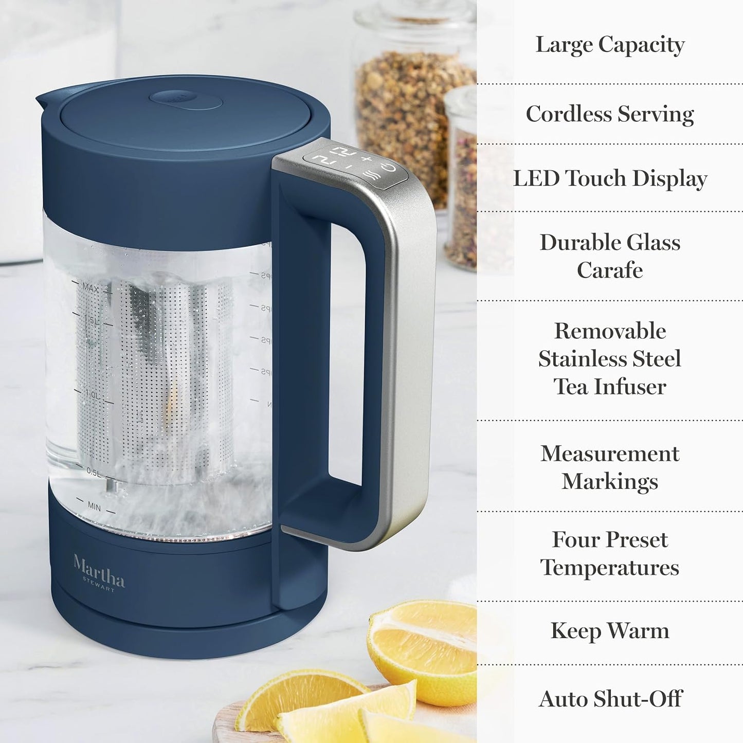 Martha Stewart 1.7L Glass Carafe Electric Kettle with Removable Tea Infuser | 7 Cups, 4 Presets, Rapid Boiling, Stainless Steel Tea Leaf Infuser, Cordless Swivel Base, Keep Warm, Auto Shut-Off, Linen