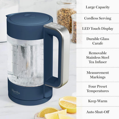 Martha Stewart 1.7L Glass Carafe Electric Kettle with Removable Tea Infuser | 7 Cups, 4 Presets, Rapid Boiling, Stainless Steel Tea Leaf Infuser, Cordless Swivel Base, Keep Warm, Auto Shut-Off, Linen