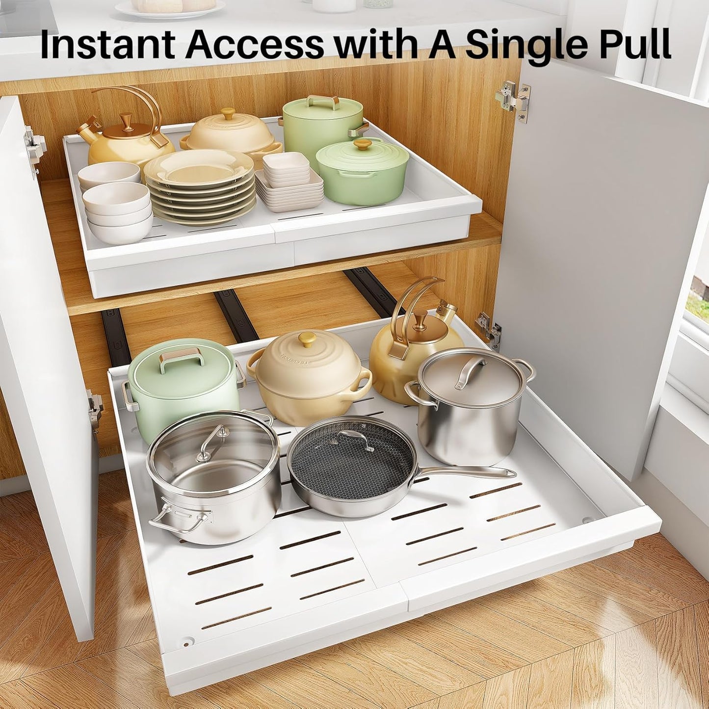 Pull out Cabinet Organizer, 1-Pack Expandable(13.6"-24") Silde out Drawers with Raising Pad for Framed Cabinets, Adjustable Full-Extension Adhesive Roll out Shelves for Kitchen Pantry Home Pot and Pan