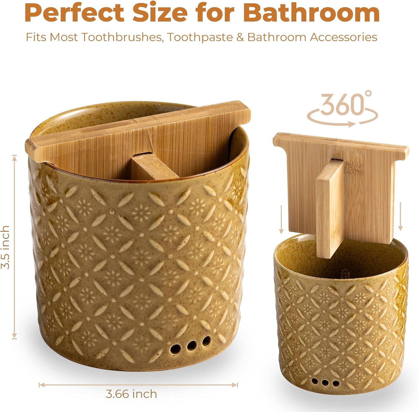 Zoeeker Toothbrush Holder with Drainage, Ceramic Toothbrush Holders Set | Electric Toothbrush & Toothpaste Holder for Bathrooms Self-draining Tooth Brush Cup Countertop Organizers for Family, Yellow