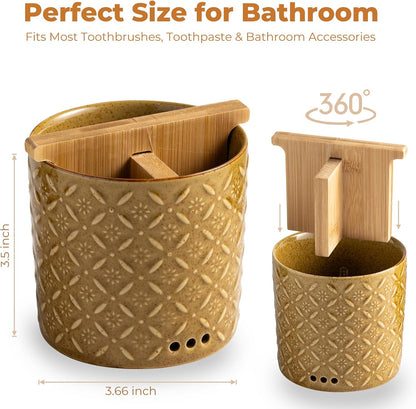 Zoeeker Toothbrush Holder with Drainage, Ceramic Toothbrush Holders Set | Electric Toothbrush & Toothpaste Holder for Bathrooms Self-draining Tooth Brush Cup Countertop Organizers for Family, Yellow