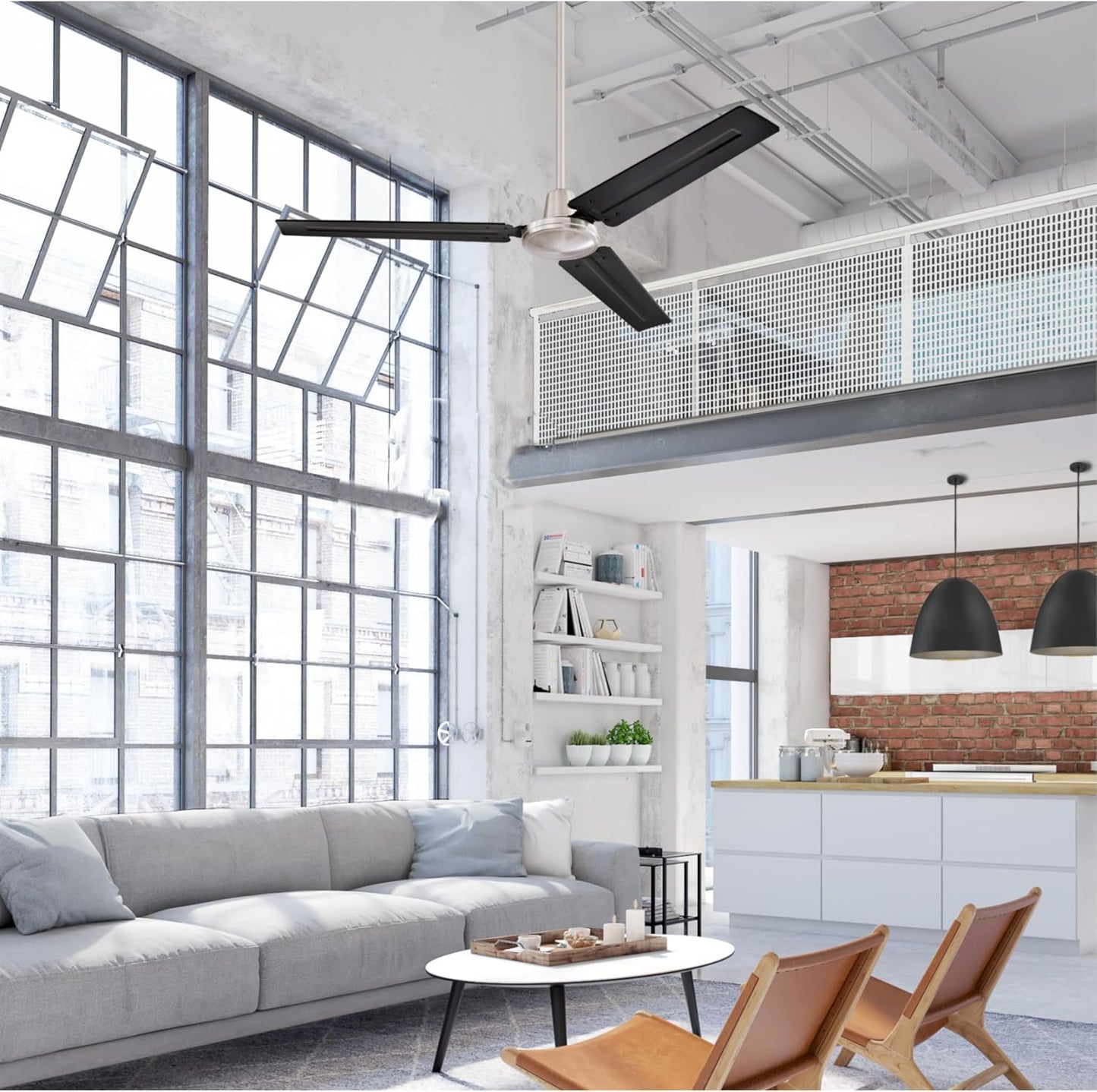 Westinghouse 7840900 Industrial 56-Inch Three-Blade Ceiling Fan with J-Hook Installation System, White, Wall Control | J-hook installation system, Wall control included, Three steel blades, Indoor installation, High-airflow performance