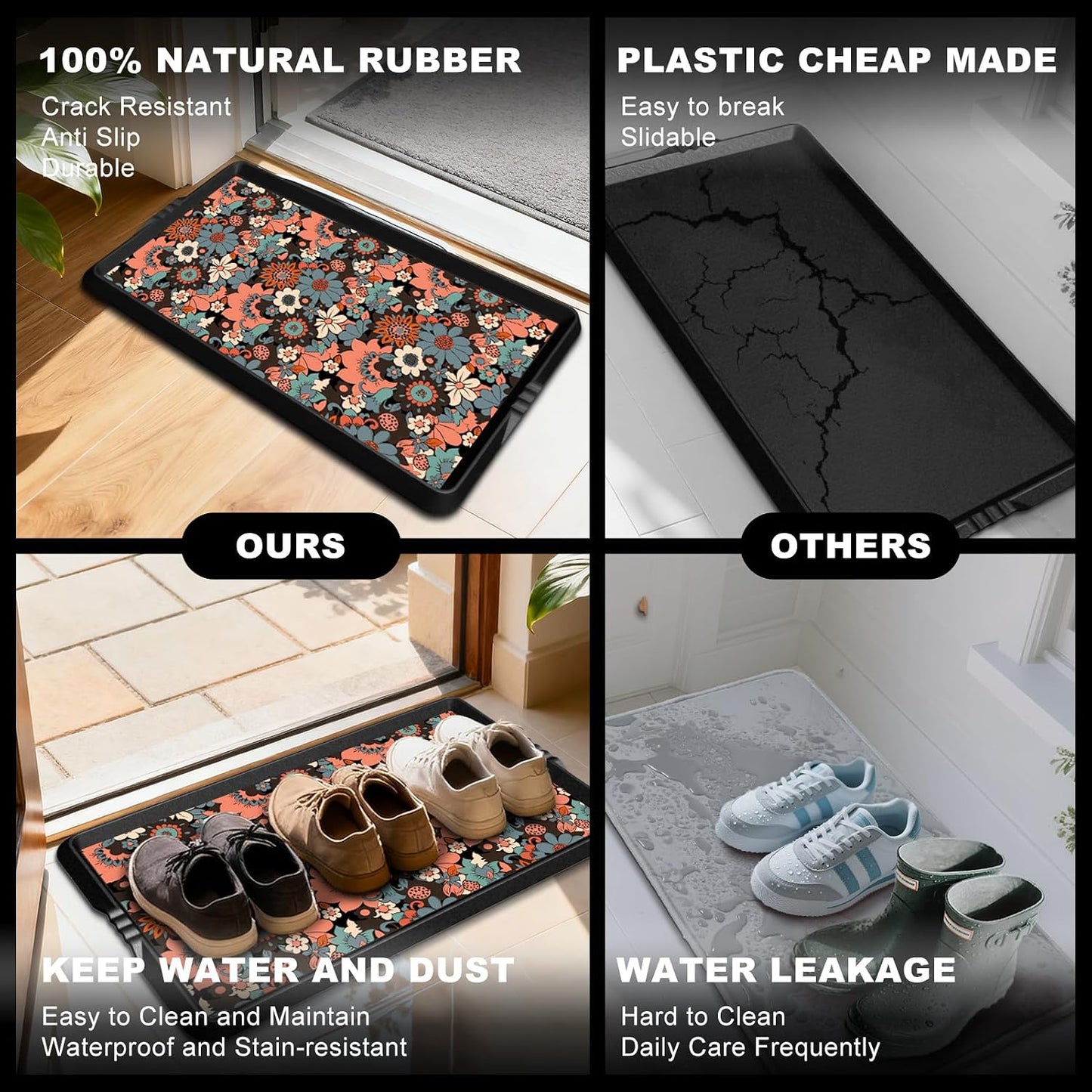 BEHERO Boot Tray Shoe Mat Decorative Patterned, Rubber Shoe Matt Tray Indoor/Outdoor Use, 16" x27.5" Shoe Cleaning Mat Non-Slip, Shoe Storage Waterproof Flower Prints for Entryway, Velvet Bloom
