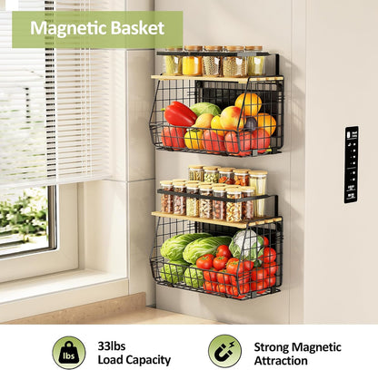2 Pack Magnetic Shelf for Fridge, Fruit Potato Onion Storage Bins | Magnetic Basket with Lid, Side of Fridge Storage, Produce Basket for Fruits Vegetables Spices, Kitchen Pantry Organizer