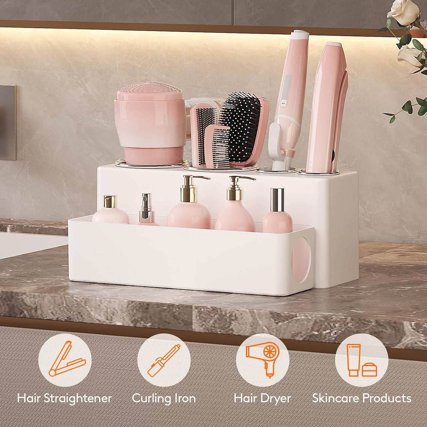 Lifewit Hair Tool Organizer Dryer Holder Countertop with 4 Cups, Black | 4 Stainless cups Tools Organizer, Acrylic body Hair Product Storage for Curling Iron, Brush, Straightener, Bathroom