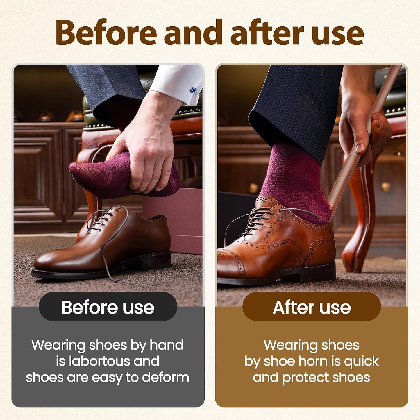 Shoe Horn Long Handle for Seniors 19.7" Shoehorn for Men, Women, Kids, Pregnancy, with Wall Hooks - Black Walnut