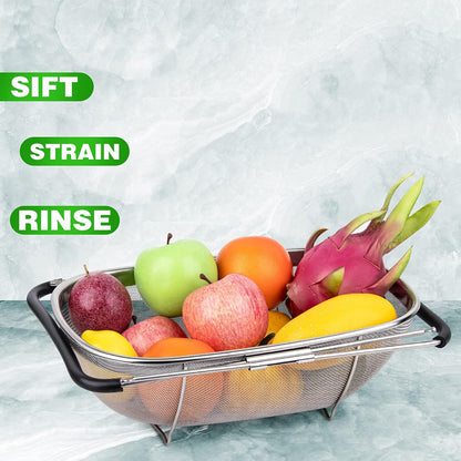 Tiawudi 6-Quart Large Over The Sink Colander, Heavy Duty 40% Thicker 18/8 Stainless Steel Fine Mesh Strainer Basket with Expandable Rubber Grip Handles - Strain, Drain, Rinse Fruits, Vegetables