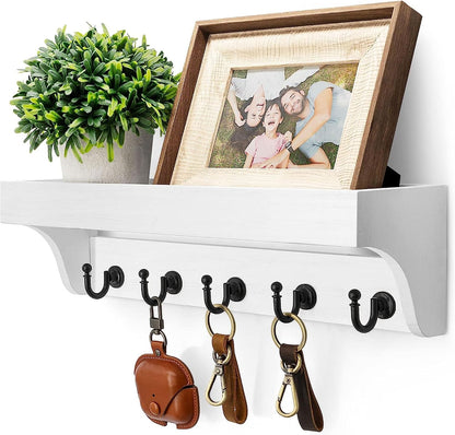 Rebee Vision Key Holder Wall Mount with 5 Hooks for Entryway, Retro Brown | Display Shelf for Plant & Letters, Key Shelf for Hats, Dog Leashes, Mail Organizer, Decorative Entryway & Living Room