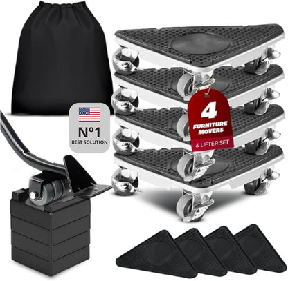 Furniture Moving Dolly Set – Heavy Duty 2300 lb Capacity, 5-Wheel System with Lifter Tool, 360° Swivel Casters, Floor-Safe Design, Includes Gloves & Bag – Move Heavy Items Easily