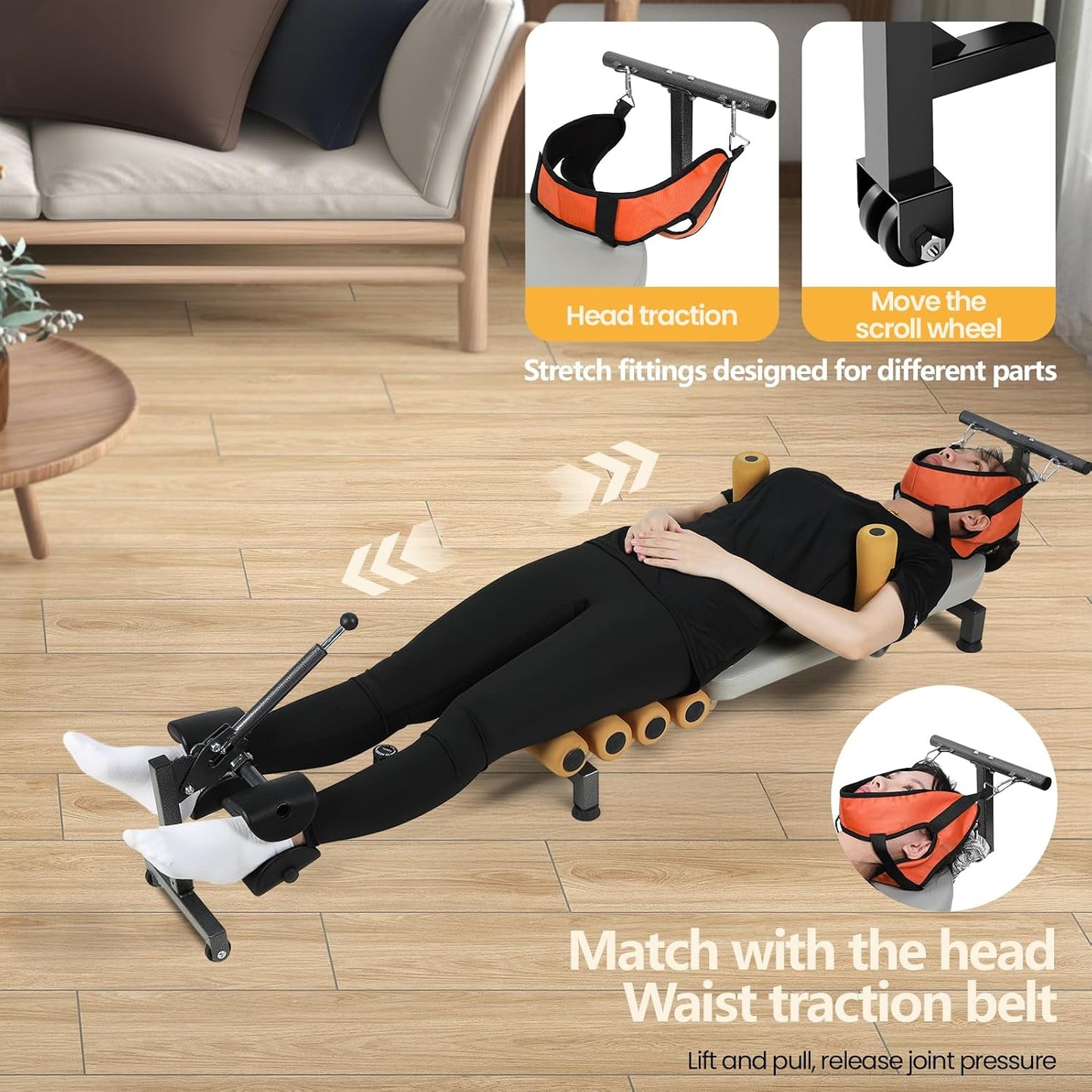 Lumbar Decompression Table with Cervical Traction, Height & Length Adjustable Back Stretcher Machine with Foam Rollers, 330lbs Capacity Spine Stretcher for Pain Relief & Spinal Alignment