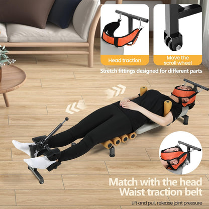 Lumbar Decompression Table with Cervical Traction, Height & Length Adjustable Back Stretcher Machine with Foam Rollers, 330lbs Capacity Spine Stretcher for Pain Relief & Spinal Alignment