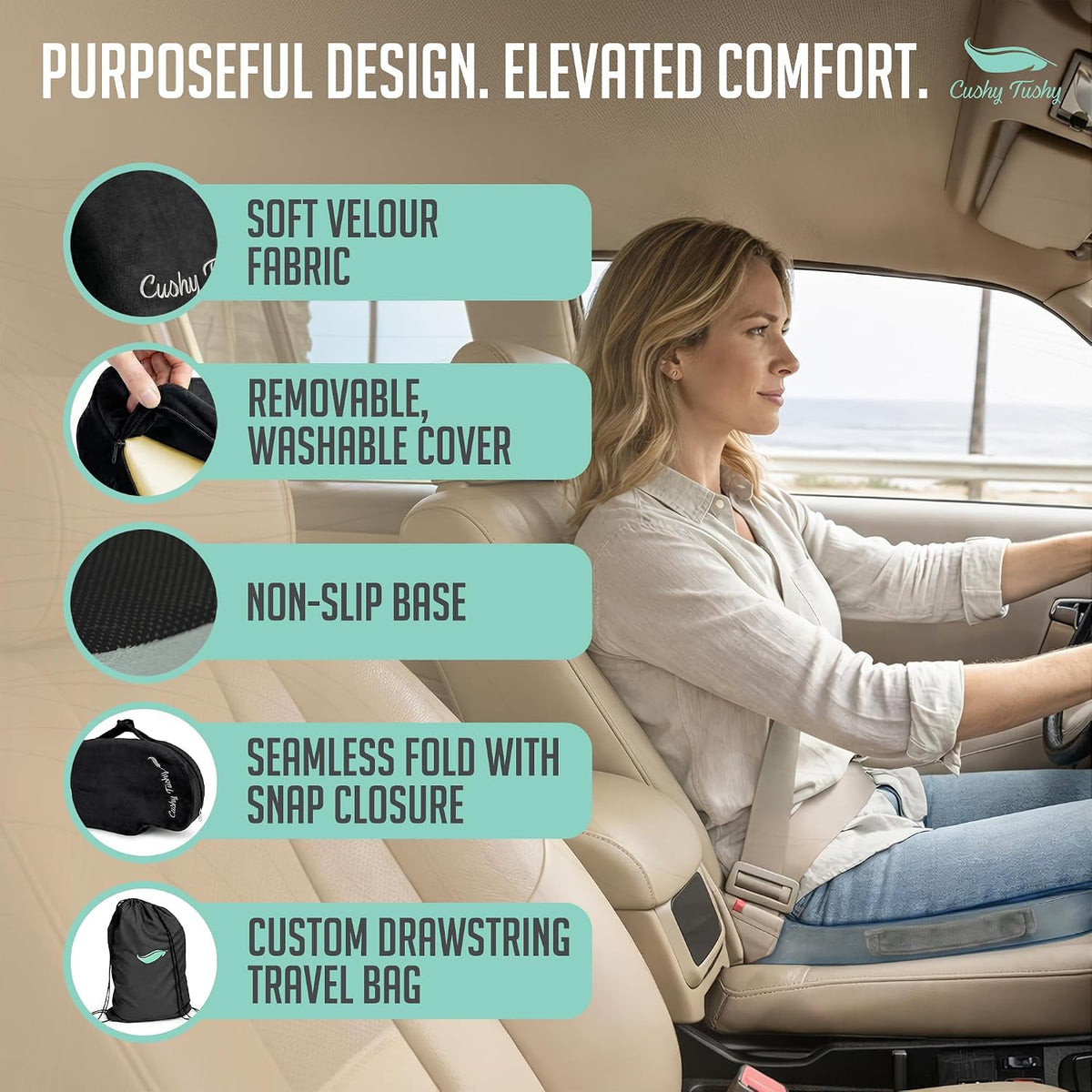 Cushy Tushy Premium Foldable Travel Seat Cushion - for Relief of Lower Back, Sciatic, Butt and Tailbone Pain - for Home & Office Use, Perfect for Travel or Driving - Coccyx Seat Cushion