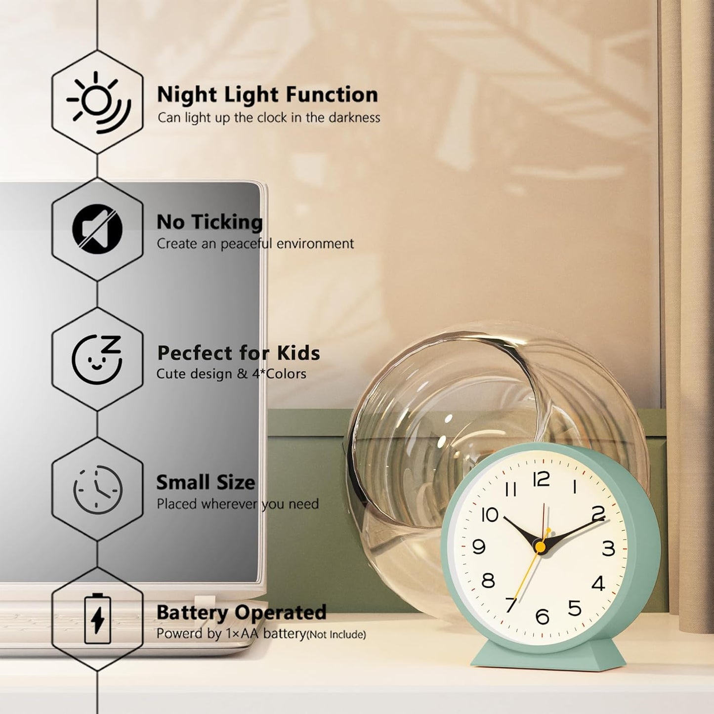 AYRELY® 4.5" Analog Alarm Clock, Small Retro Desk Clock and Table Clock | Battery Operated, Silent Metal Table Clock with Light for Living Room Decor, Bedroom, Bedside and Shelf (Orange)