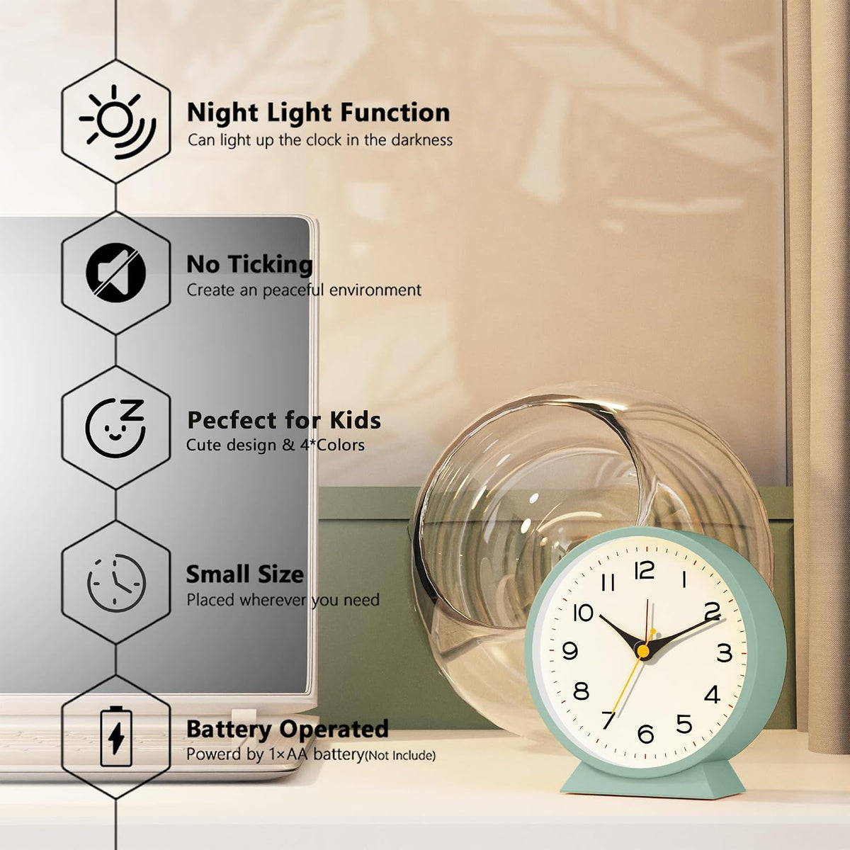 AYRELY® 4.5" Analog Alarm Clock, Small Retro Desk Clock and Table Clock