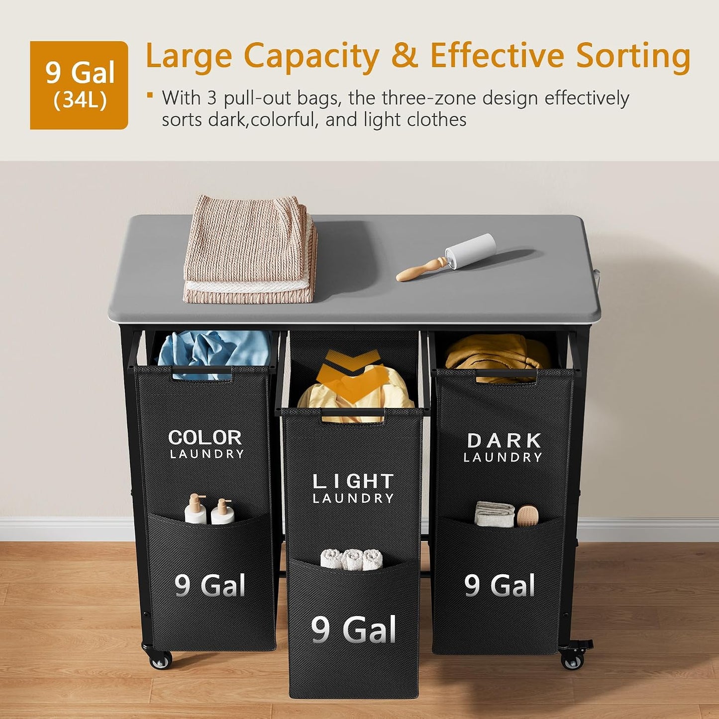 Gewudraw 3 Section Laundry Sorter with Ironing Board, Black | Laundry Sorter with Removable Bags, Heavy-Duty Rolling Laundry Cart, Lockable Wheels, For Bathroom, Bedroom