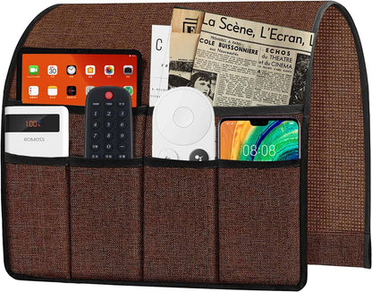 Ntomtuex Armchair Caddy Remote Control Holder for Couch Recliner, Armrest Pocket Organizer for Couch Arm Chair with 7 Pocket for Magazines, Eyeglass, ipad, Phone, Brown