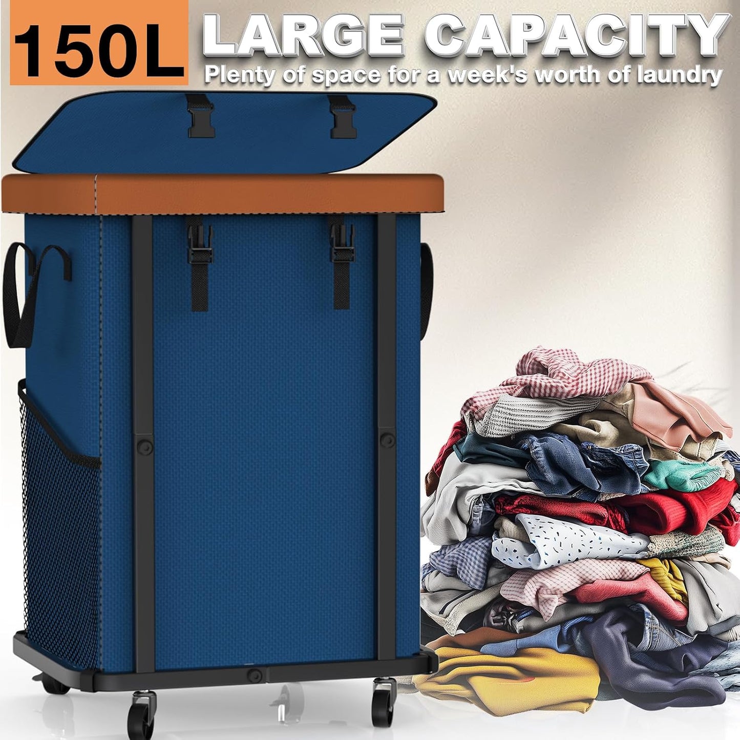 Laundry Hamper with Wheels,150L Leather Patchwork Clothes Hamper Black | Rolling Laundry Basket with Sturdy Metal Frame, Removable Washable Bag,Tall Clothes Sorter for Bedroom, Laundry Room, Dorm