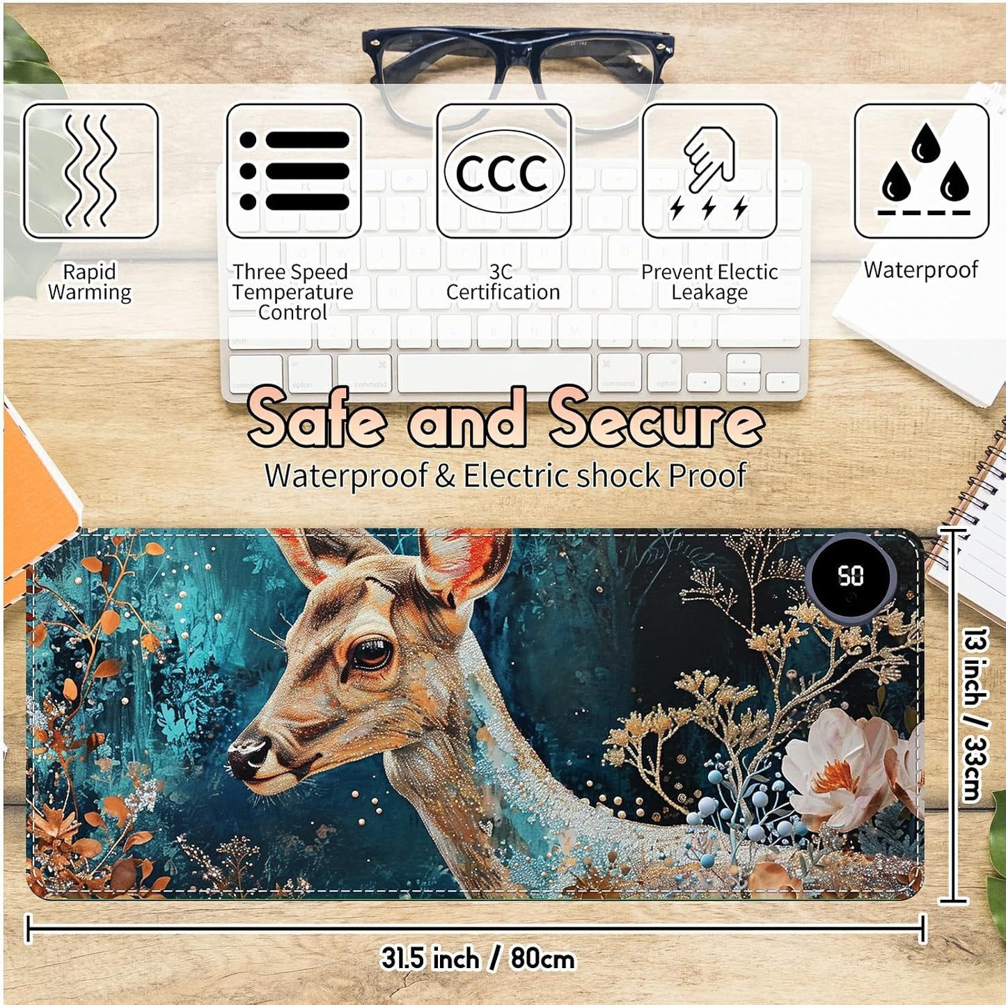 Heated Desk Pad Heated Large Mouse Pad, Electric Quickly Warm Desk Mat with 3 Levels Heating 3 Hours Auto Shut-Off, 31.5" x 13" Warm Gaming Mousepad Hand Foot Warmer, Baby Elephant