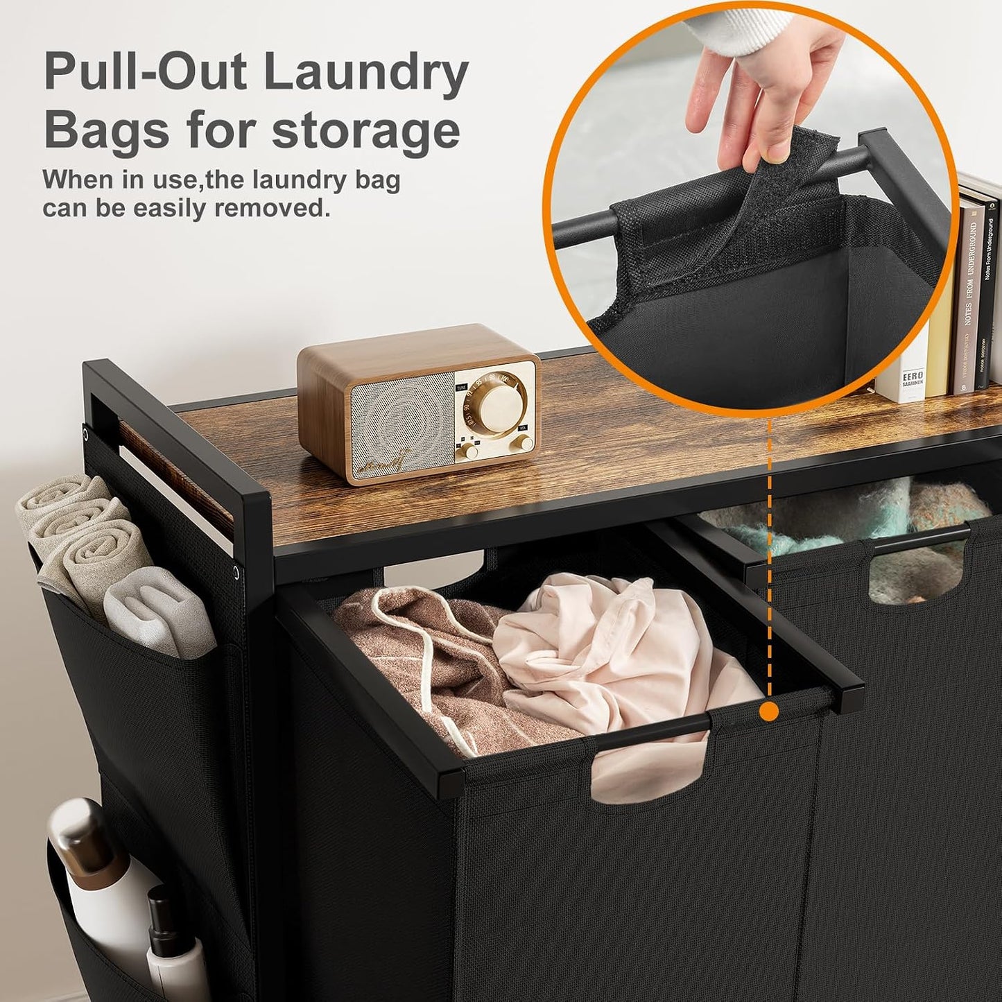 WOWLIVE Double Laundry Hamper with Wheels, Rolling Laundry Basket Organizer | Laundry Hamper 2 section with Lid, Iron-Made Laundry Sorter with Shelf, Removable Bags, Large Clothes Storage, White
