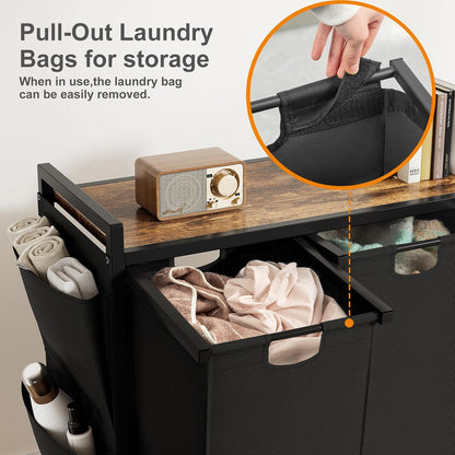 WOWLIVE Double Laundry Hamper with Wheels, Rolling Laundry Basket Organizer | Laundry Hamper 2 section with Lid, Iron-Made Laundry Sorter with Shelf, Removable Bags, Large Clothes Storage, White