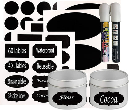 Chalkboard Jar Labels for Canning Mason Jars Premium Reusable Stickers Glass Chalk + 2 Large Erasable Markers (120 Labels)