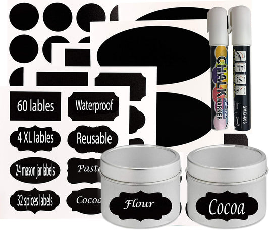 Chalkboard Jar Labels for Canning Mason Jars Premium Reusable Stickers Glass Chalk + 2 Large Erasable Markers (120 Labels)