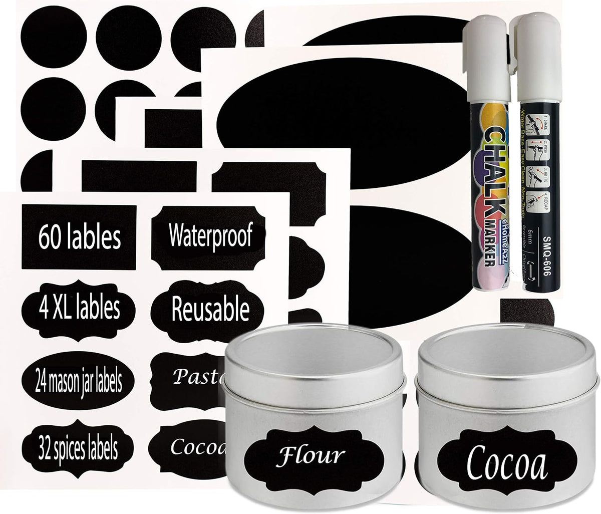 Chalkboard Jar Labels for Canning Mason Jars Premium Reusable Stickers Glass Chalk + 2 Large Erasable Markers (120 Labels)