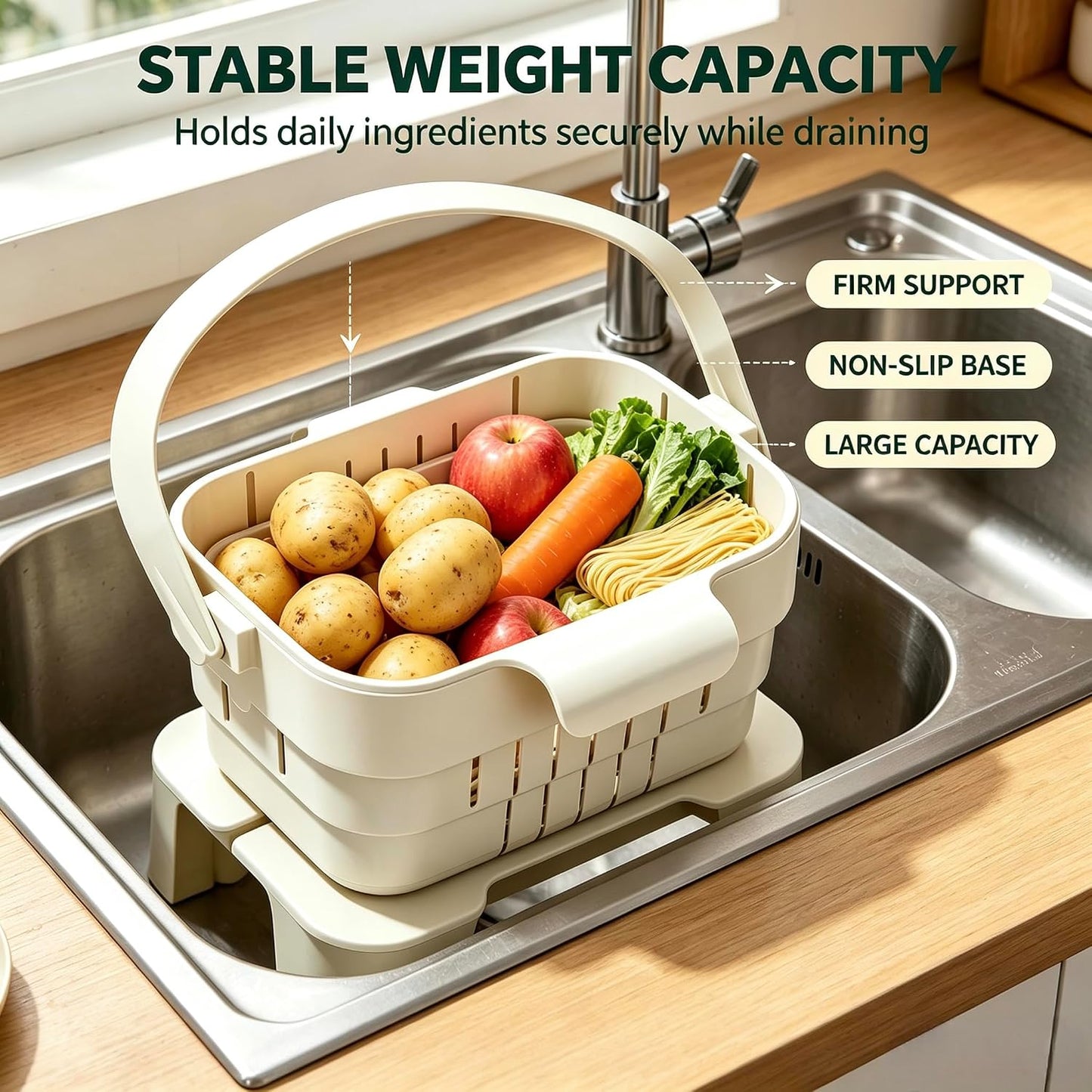 Foldable Hanging Sink Drain Basket, Stretchable Kitchen Sink Strainer, 2026 Upgraded Space-Saving Food Colander, Multifunctional Faucet Basket for Fruits, Vegetables, Pasta & Tableware