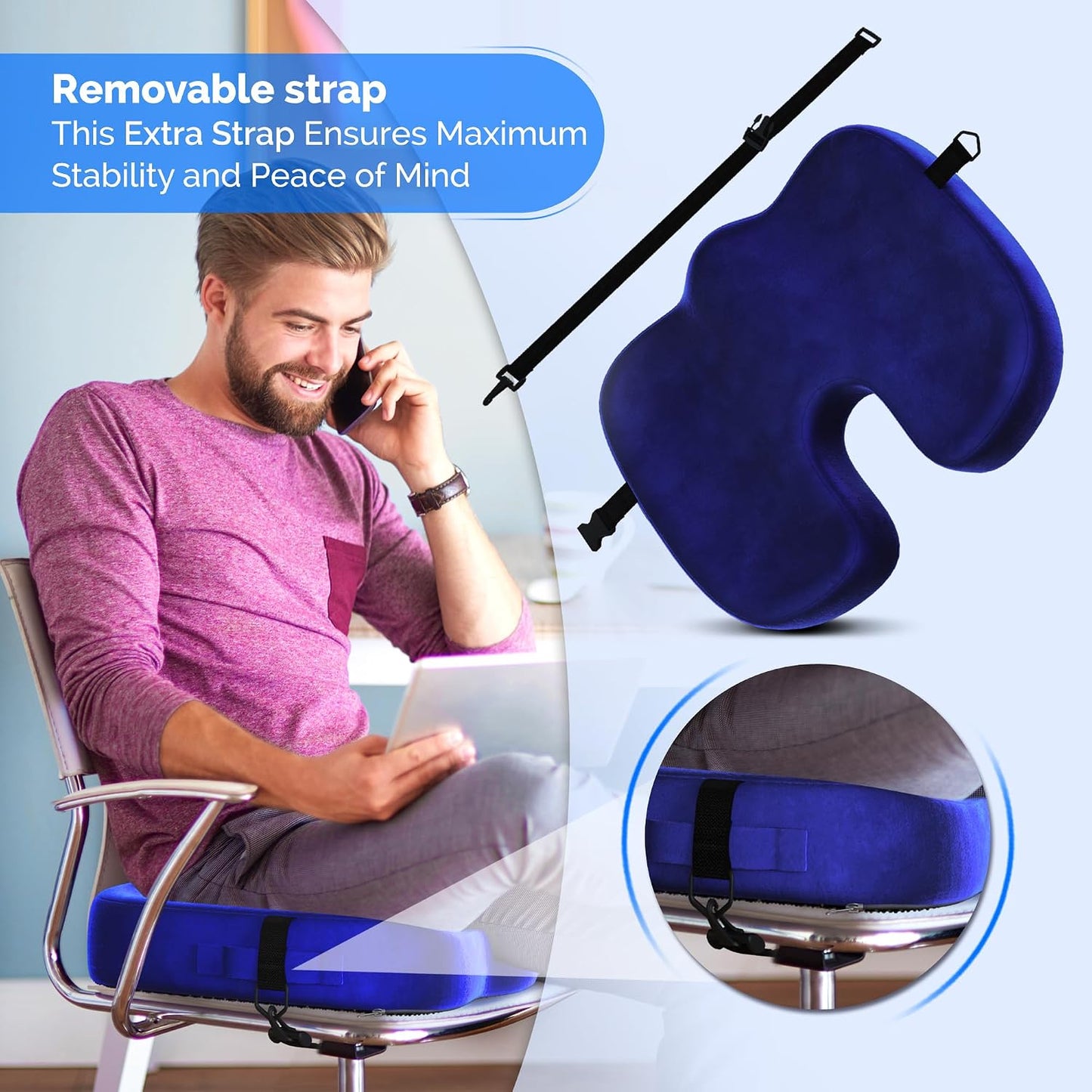 Gel Seat Cushion – Navy Blue Flannel Pillow with Velvet Removable Cover – Ergonomic Sponge Support for Office with Adjustable Strap