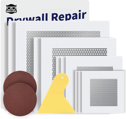 Drywall Repair Patch Kit, 13 Pcs Self-Adhesive Aluminum Wall Hole Repair Patches for Wall, Ceiling, Sheetrock, Plaster, 2/4/6/8 Inch Drywall Patch Kit with Scraper & Sandpaper