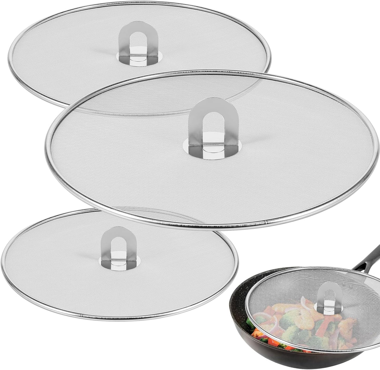 3 Pcs Splatter Guard Stainless Steel Frying Pan Splatter Screen Splash Proof Oil Splatter Cover with Foldable Handle Mesh Oil Proofing Lids for Kitchen Cooking (9.8 inch, 11.4 inch, 13 inch)