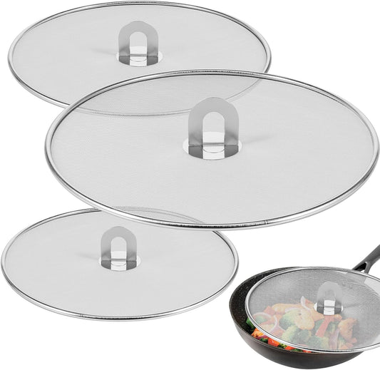 3 Pcs Splatter Guard Stainless Steel Frying Pan Splatter Screen Splash Proof Oil Splatter Cover with Foldable Handle Mesh Oil Proofing Lids for Kitchen Cooking (9.8 inch, 11.4 inch, 13 inch)