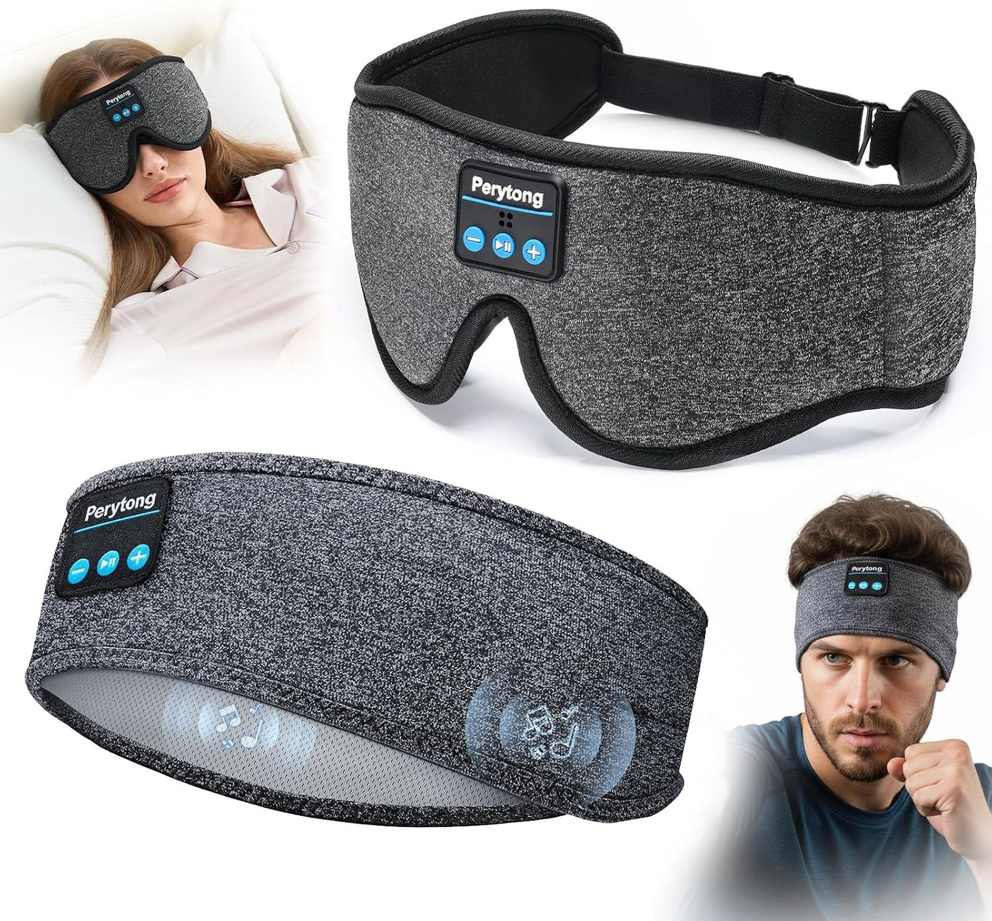 2-Pack Sleep Headphones & 3D Sleep Mask Set, Sleep Headband Headphone & Wireless Eye Mask with Ultra-Thin Speakers for Side Sleepers, Idea for Running, Workout, Insomniac, Travel, Meditation